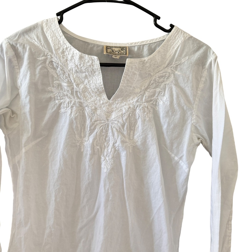 Kushi Vintage‎ Womens White Cotton Embroidered V-Neck Tunic Top Kurti M Cottage